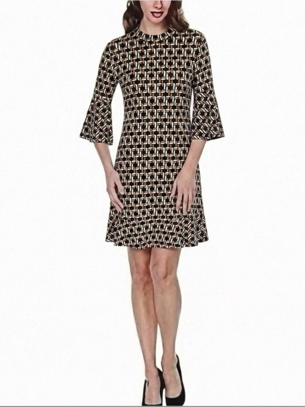 Tango Mango Black Tan Chainlink Geo Print Flared Sleeve Mini Dress S Retro